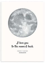 cuadro personalizado para parejas con ilustración de Luna en blanco y negro y fondo beige.