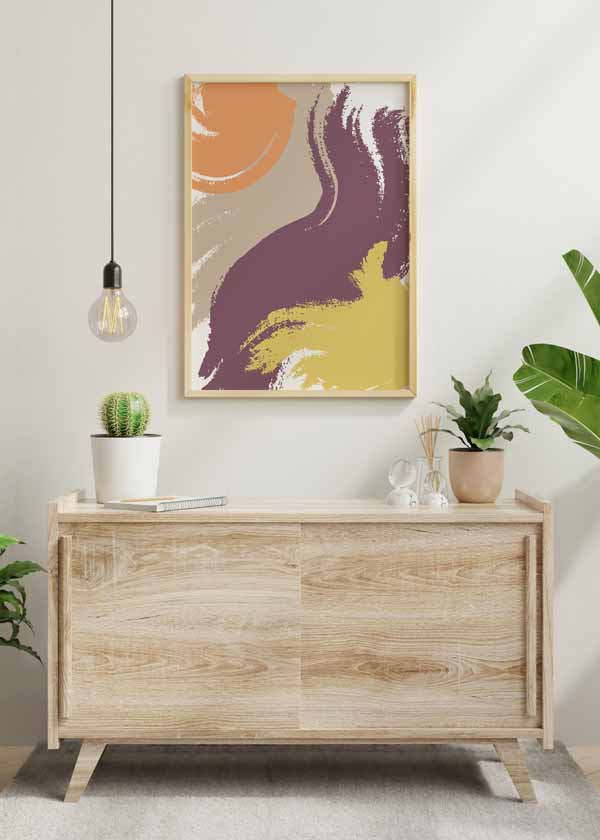 Decoración con cuadros, ideas -  cuadro abstracto con pinceladas en tonos tierra, naranja y morado. Lámina decorativa abstracta y colorida. 