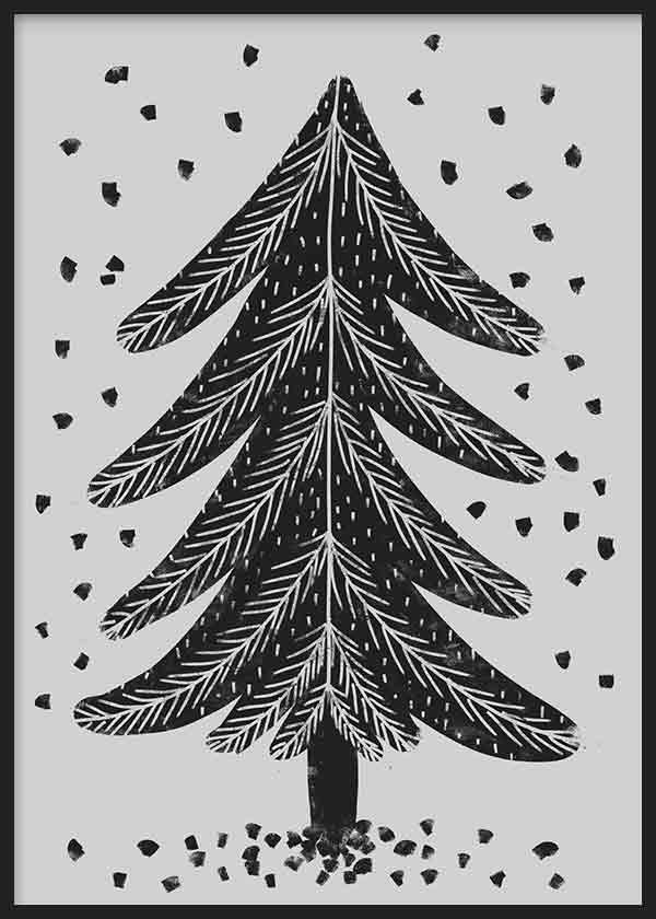 cuadro y lámina decorativa de árbol de navidad, ilustración en blanco y negro - kuadro