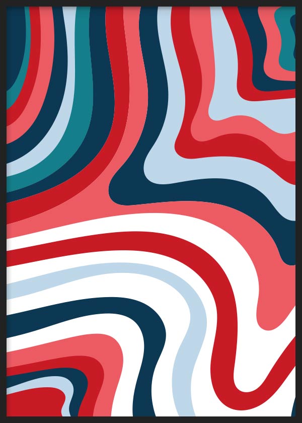 cuadro para lámina decorativa colorida y psicodélica en colores rojo, blanco y azul. Marco negro