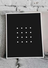 Decoración con cuadros, ideas -  lámina decorativa con cuadrados en blanco sobre fondo negro. Geométrica, minimalista y en blanco y negro