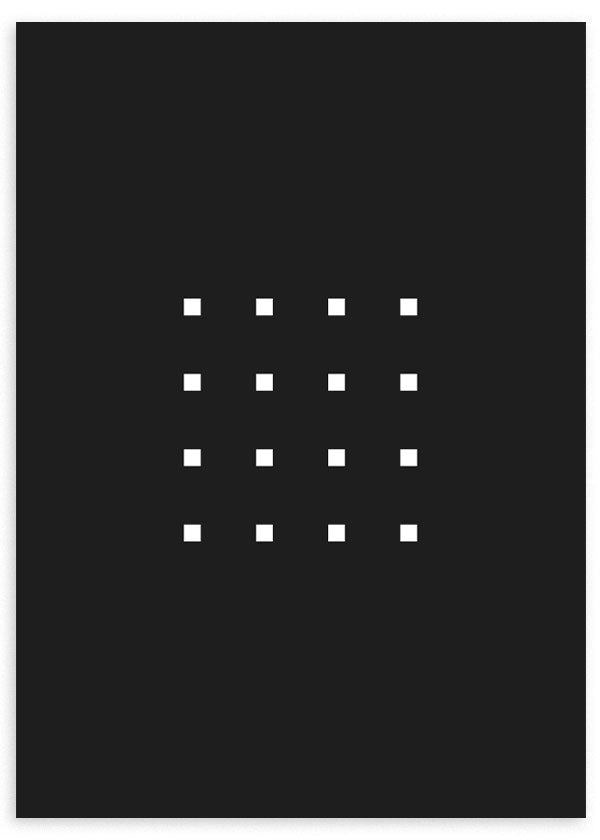 lámina decorativa con cuadrados en blanco sobre fondo negro. Geométrica, minimalista y en blanco y negro