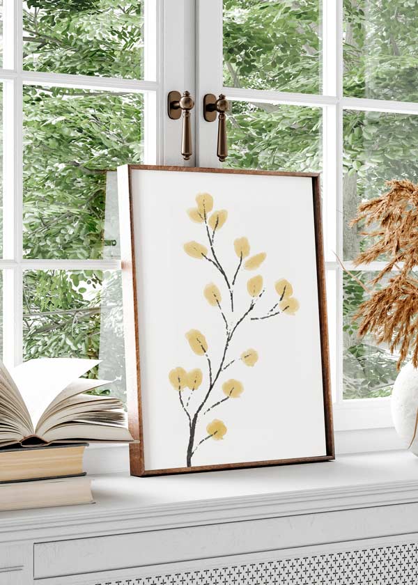 Decoración con cuadros, ideas -  lámina decorativa de rama con flores amarillas, ilustración floral minimalista