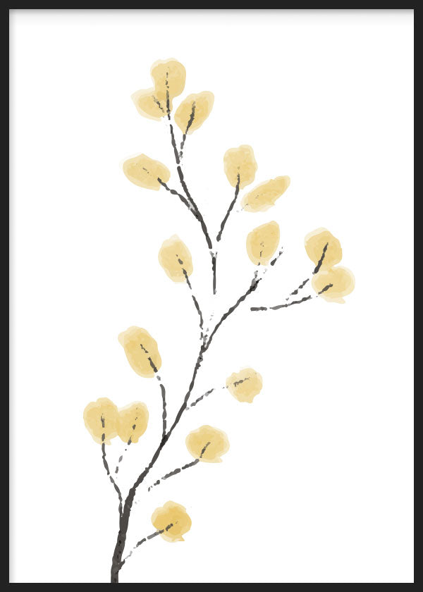 cuadro para lámina decorativa de rama con flores amarillas, ilustración floral minimalista. Marco negro