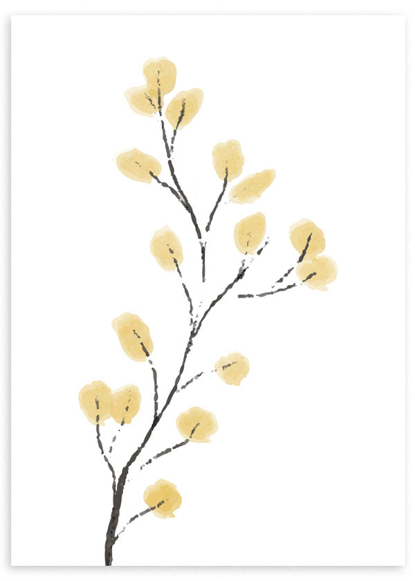 lámina decorativa de rama con flores amarillas, ilustración floral minimalista