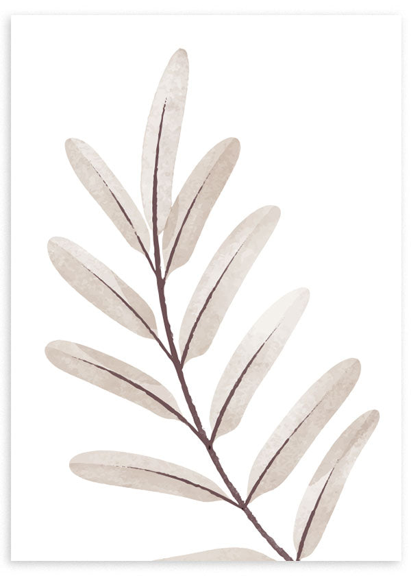 lámina decorativa de rama con hojas en tonos grisáceos, ilustración de flor