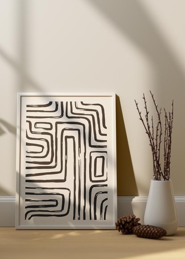 Decoración con cuadros, ideas -  lámina decorativa abstracta en blanco y negro de líneas. Ilustración laberinto