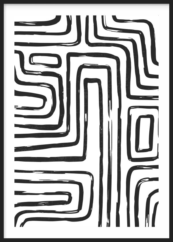 cuadro para lámina decorativa abstracta en blanco y negro de líneas. Ilustración laberinto. Marco negro