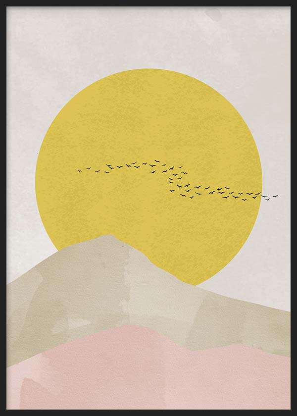 cuadro lámina decorativa de ilustración de sol con pájaros en tonos nórdicos - kuadro