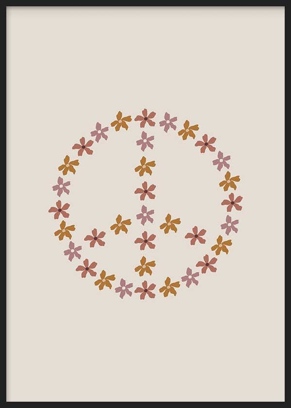 cuadro para lámina decorativa de símbolo de la paz hecho con flores, ilustración nórdica y minimalista. Marco negro