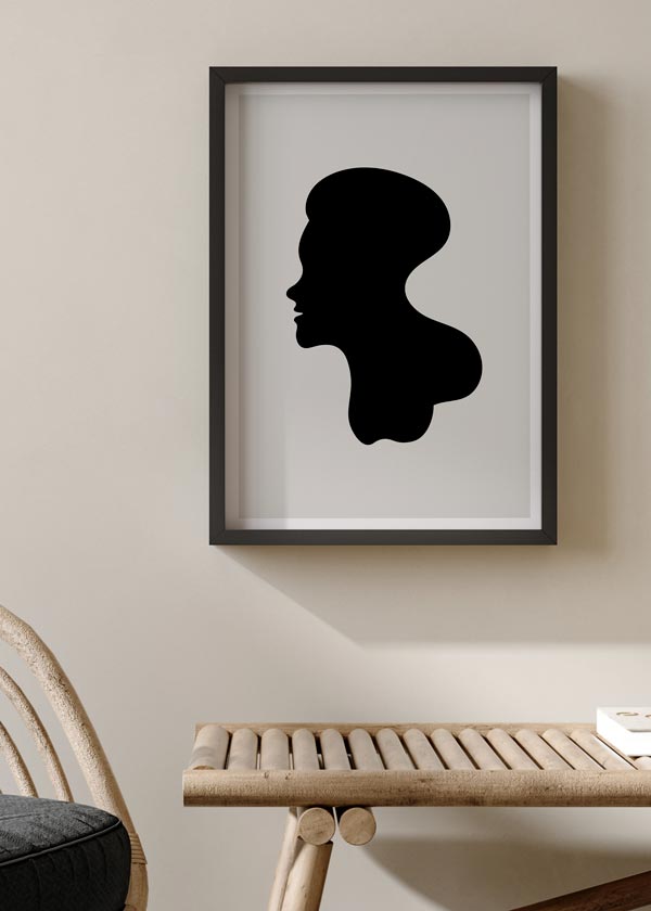 decoración con cuadros, ideas - cuadro lámina decorativa de rostro de mujer en negro y fondo beige, abstracto y minimalista