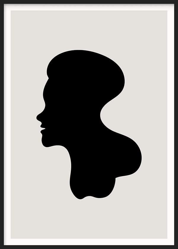 cuadro lámina decorativa de rostro de mujer en negro y fondo beige, abstracto y minimalista