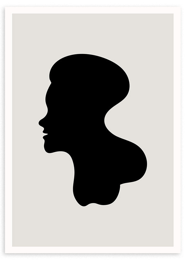 lámina decorativa de rostro de mujer en negro y fondo beige, abstracto y minimalista