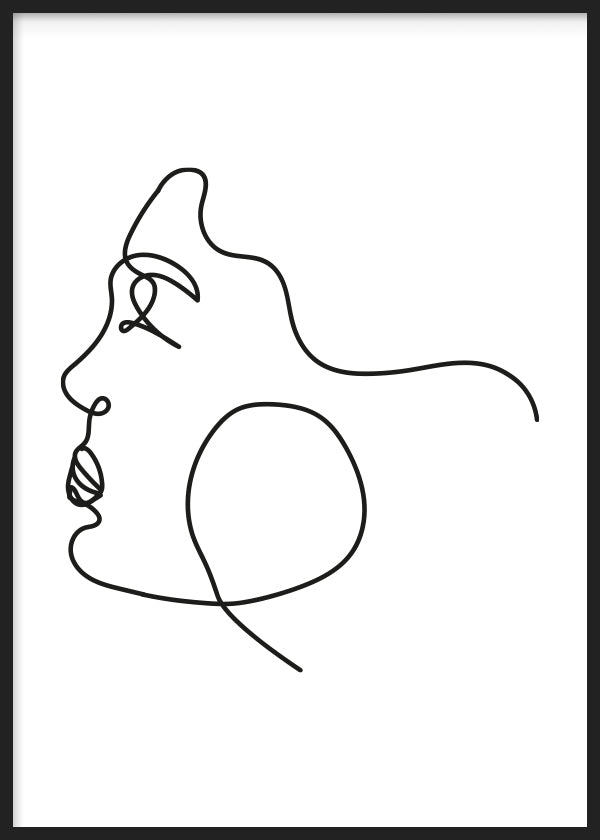 cuadro abstracto de rostro de mujer en blanco y negro y trazo lineal - marco negro