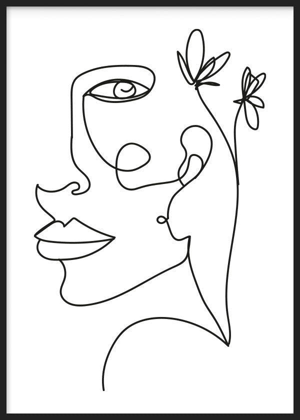 cuadro abstracto de rostro de mujer con flores  - marco negro