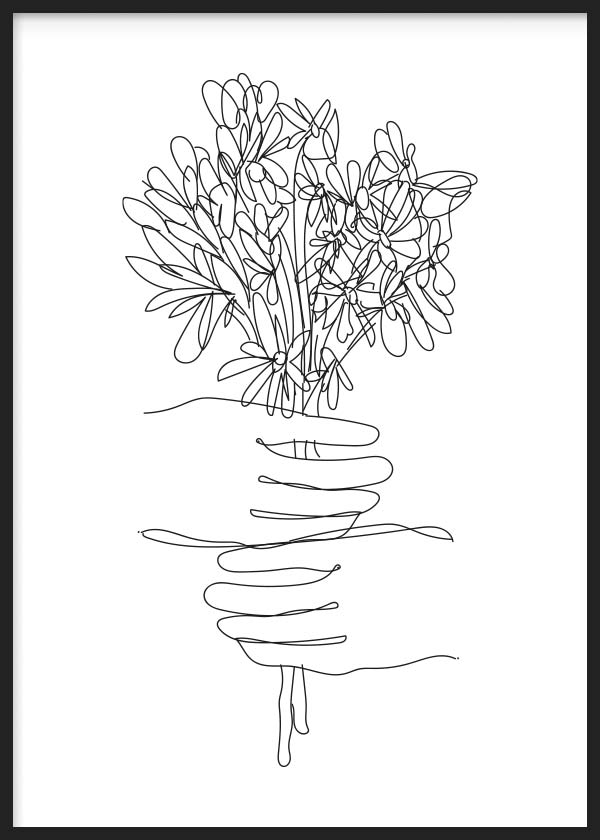cuadro abstracto con flores y manos en blanco y negro - marco negro