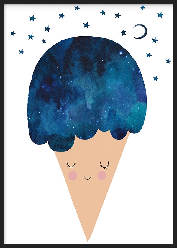 cuadro lámina decorativa infantil de ilustración graciosa de helado cucuricho azul y estrellas - kuadro