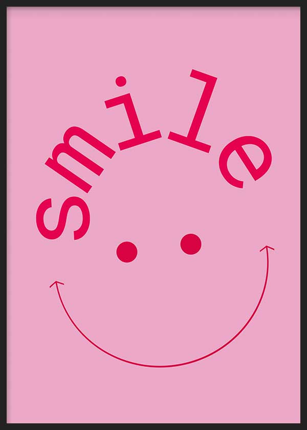 cuadro lámina decorativa de ilustración con cara smiley rosa y palabra smile - kuadro