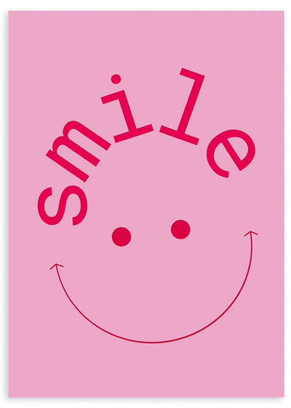 lámina decorativa de ilustración con cara smiley rosa y palabra smile - kuadro
