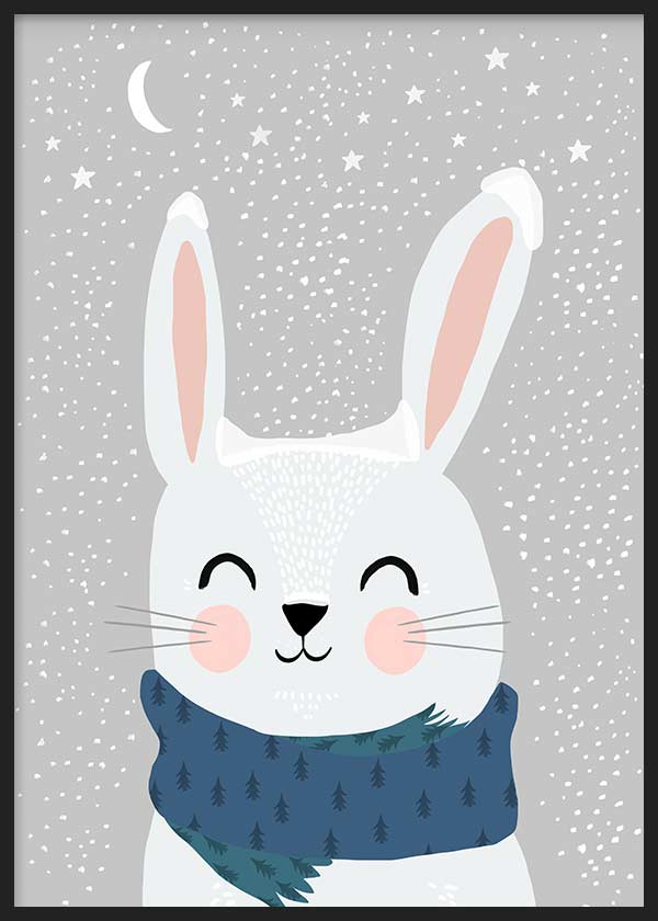 cuadro lámina decorativa infantil de ilustración de conejo blanco sobre fondo estrellado gris - kuadro