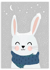 lámina decorativa infantil de ilustración de conejo blanco sobre fondo estrellado gris - kuadro