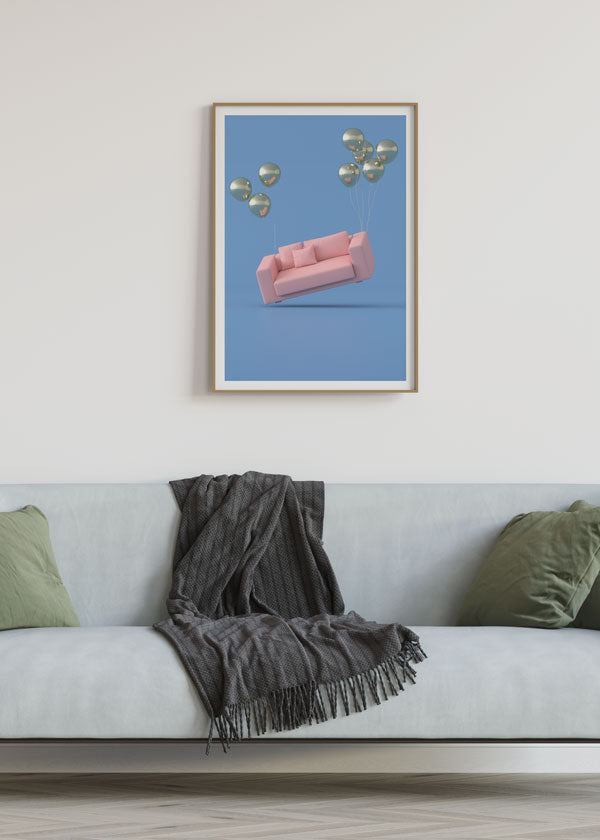 Decoración con cuadros, ideas -  cuadro 3D con sofá y globos en colores rosa pastel, oro y azul cielo. Lámina decorativa.