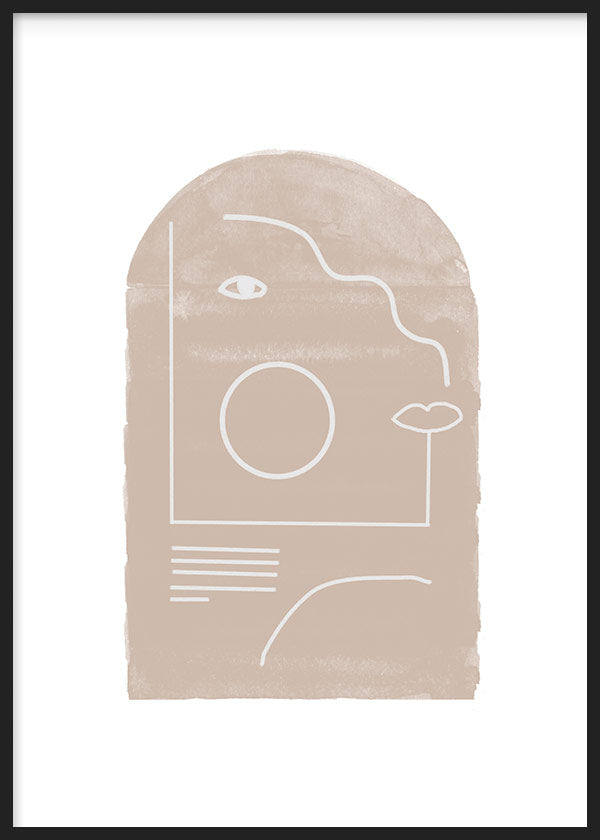 cuadro lámina decorativa de ilustración abstracta con rostro en trazo blanco y fondo beige - kuadro