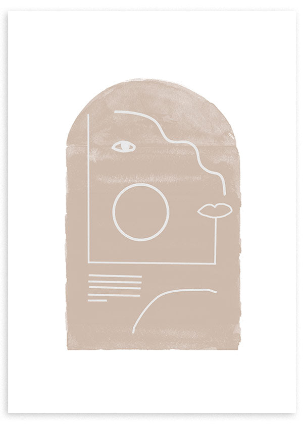 lámina decorativa de ilustración abstracta con rostro en trazo blanco y fondo beige - kuadro