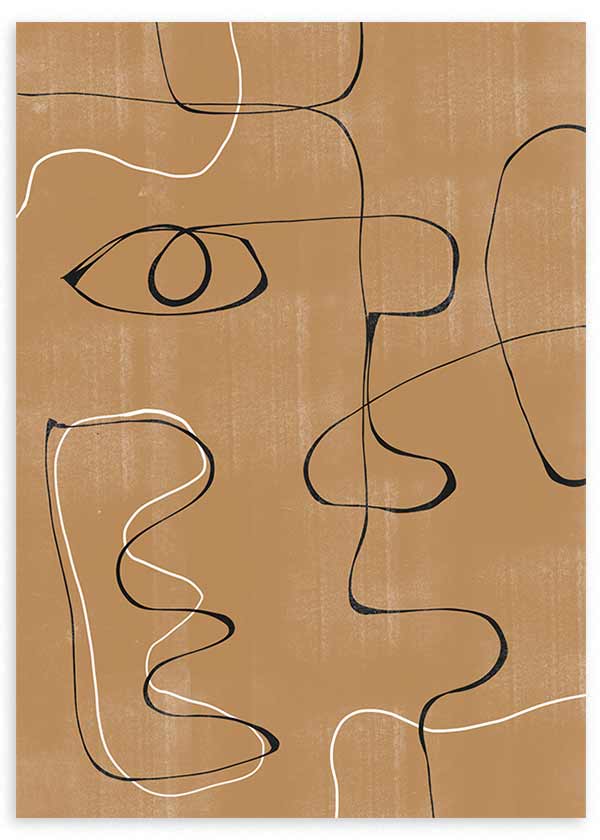 lámina decorativa abstracta con formas y rostros en tonos marrones - kuadro