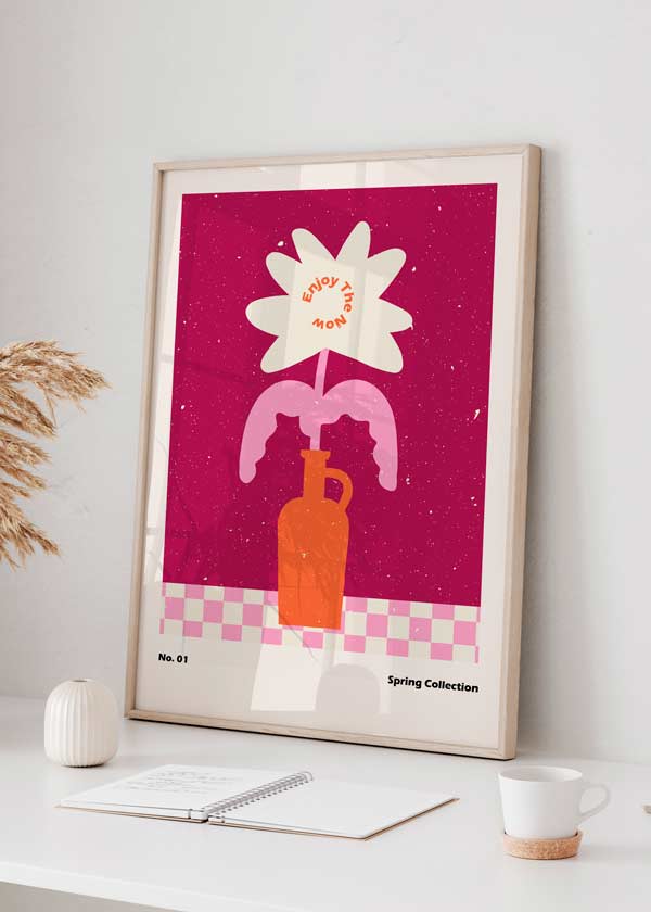 decoración con cuadros, ideas - lámina decorativa de ilustración divertida y colorida de flor y jarrón, rosa fuerte - kuadro