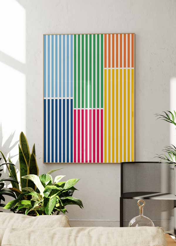 decoración con cuadros, ideas - lámina decorativa colorida y geométrica con líneas verticales minimalistas en varios colores - kuadro