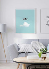 Decoración con cuadros, ideas -  cuadro colage de niño sobre fondo azul y nubes, cuadro infantil. Lámina decorativa.