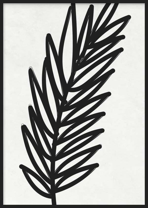 cuadro para lámina decorativa minimalista y en blanco y negro de flor, hoja dibujada en trazo grueso. Marco negro