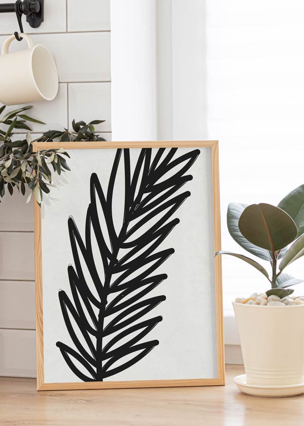 Decoración con cuadros, ideas -  lámina decorativa minimalista y en blanco y negro de flor, hoja dibujada en trazo grueso