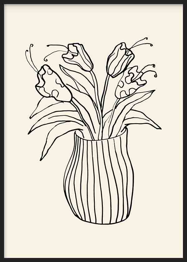 cuadro lámina decorativa de ilustración de jarrón y flores sobre fondo amarillo claro - kuadro