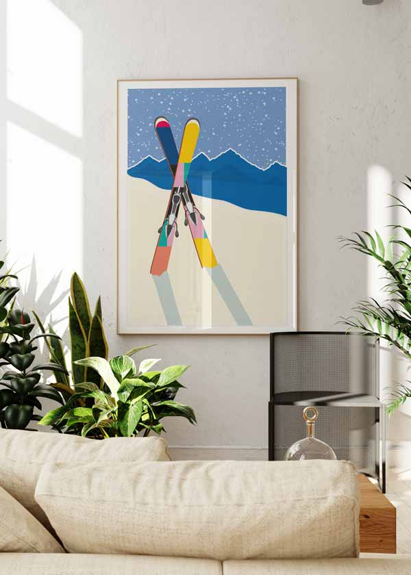 decoración con cuadros, ideas - lámina decorativa de ilustración colorida de esquís en la nieve y montañas - kuadro