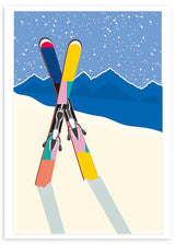 lámina decorativa de ilustración colorida de esquís en la nieve y montañas - kuadro