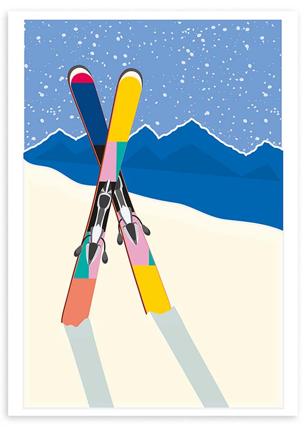 lámina decorativa de ilustración colorida de esquís en la nieve y montañas - kuadro