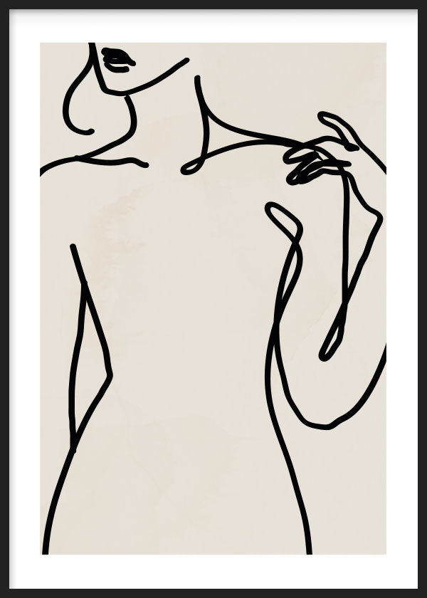 Lámina decorativa para cuadro de ilustración de mujer minimalista en trazos negros y fondo beige