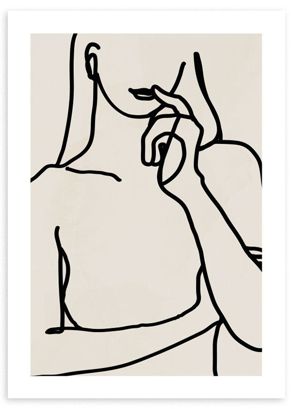 cuadro de ilustración de mujer minimalista en trazos negros y fondo beige. Marco negro