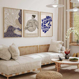 decoración con cuadros, ideas - lámina decorativa de ilustración abstracta con trazos en blanco y azul sobre fondo beige oscuro - kuadro