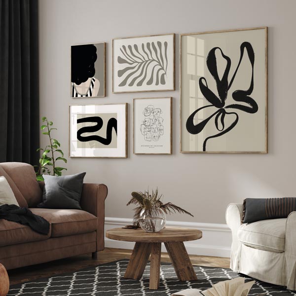 decoración con cuadros, mural - lámina decorativa abstracta y nórdica de ilustración negra y beige