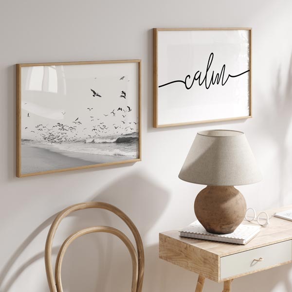 decoración con cuadros, mural -lámina decorativa fotográfica en blanco y negro con pájaros volando y playa - kuadro