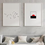 Decoración con cuadros, mural -  cuadro minimalista del amanecer estilo geométrico. Colores blanco, negro y rojo. Lámina decorativa.