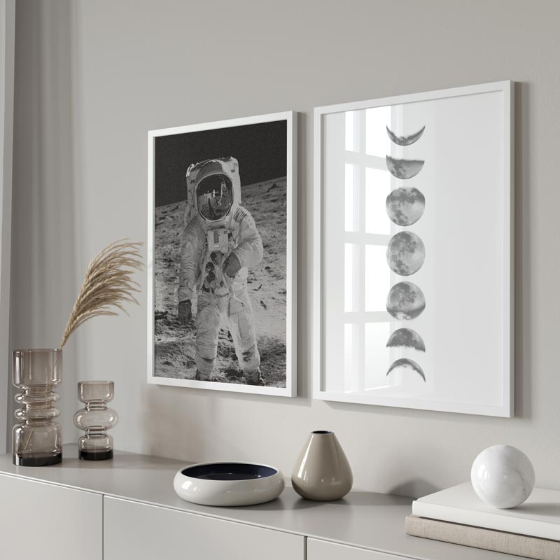 Decoración con cuadros, mural -  lámina decorativa de ilustración de fases de la luna en blanco y negro