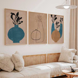 decoración con cuadros, mural - lámina decorativa de ilustración con jarrones en marrón y azul sobre fondo en color tierra, estilo nórdico - kuadro