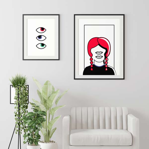 Decoración con cuadros, mural -  cuadro de mujer abstracto y moderno. Ilustración de mujer en blanco, rojo y negro. Lámina decorativa.