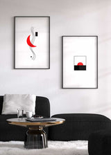 Decoración con cuadros, mural -  cuadro minimalista y abstracto con luna en colores negro, blanco y rojo. Lámina decorativa.