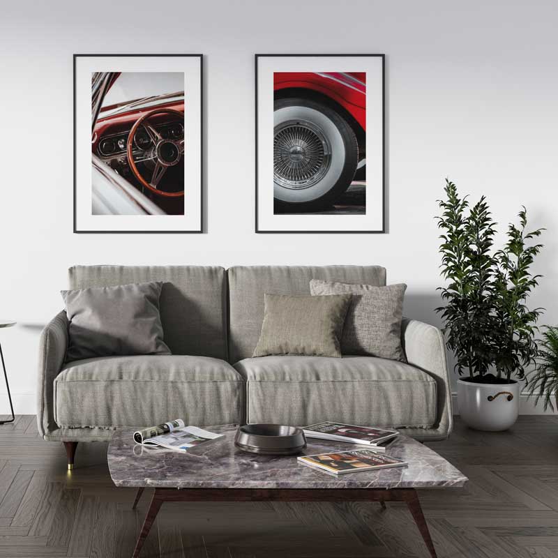 Decoración con cuadros, mural -  cuadro fotografía de interior de coche vintage en color rojo. Lámina decorativa de foto del interior de un coche vintage.