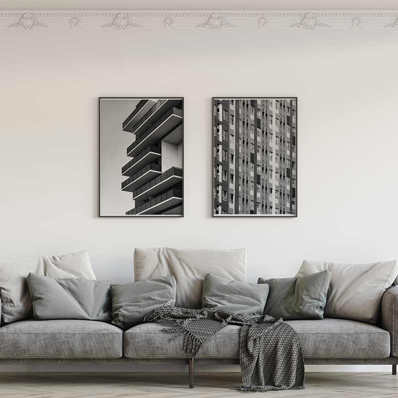 Decoración con cuadros, mural -  cuadro de fotografía de edificio moderno en blanco y negro. Lámina decorativa.